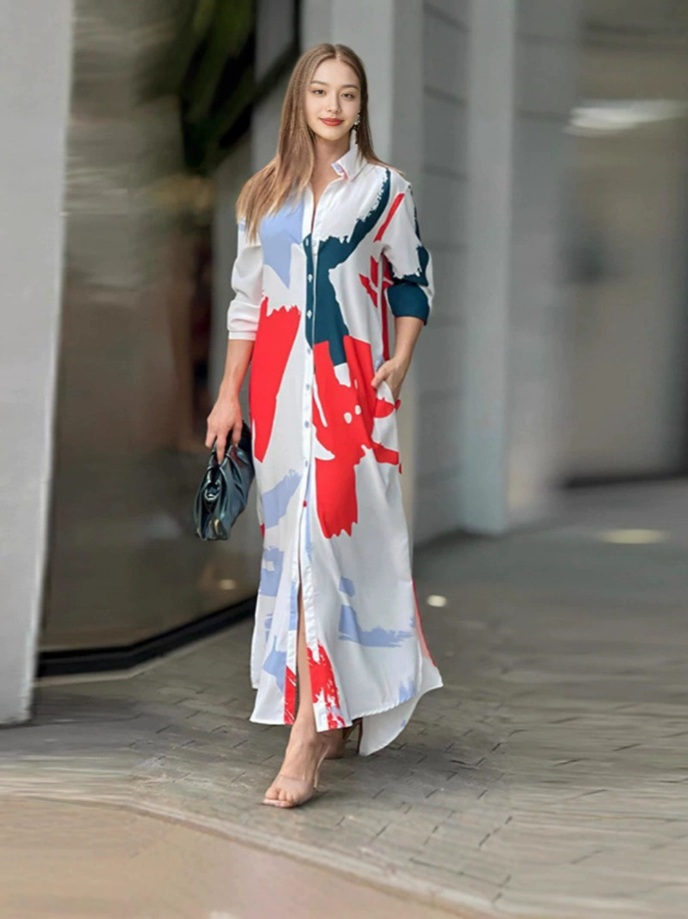 ZARA Fall New Arrival Printed Button Front Shirt Loose Midi Dress